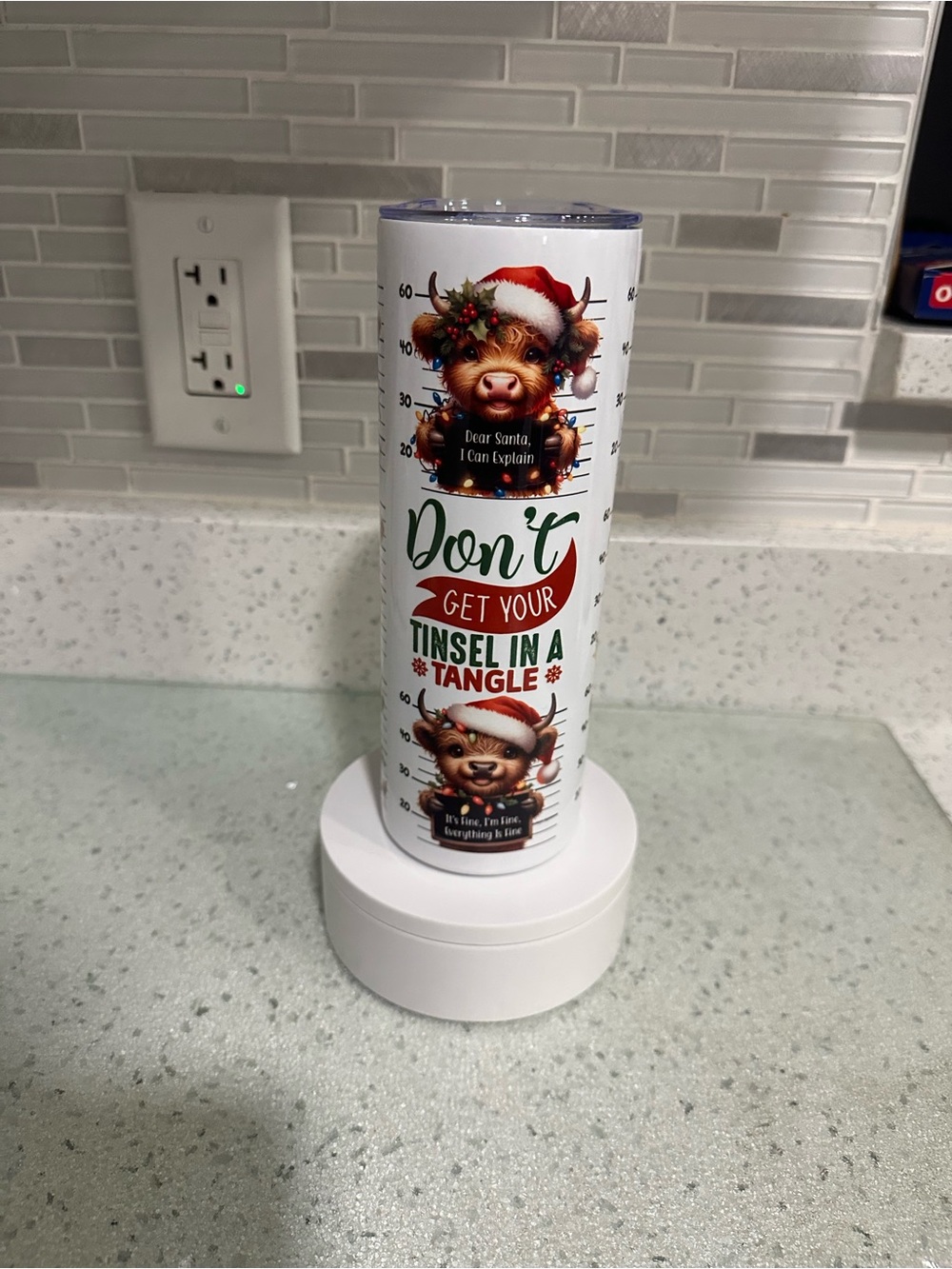 Holiday highland Cow -Tinsel Tumbler - White with Red & Green Festive Design